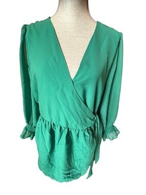 Venus Emerald Green Silky Wrap Peplum Blouse